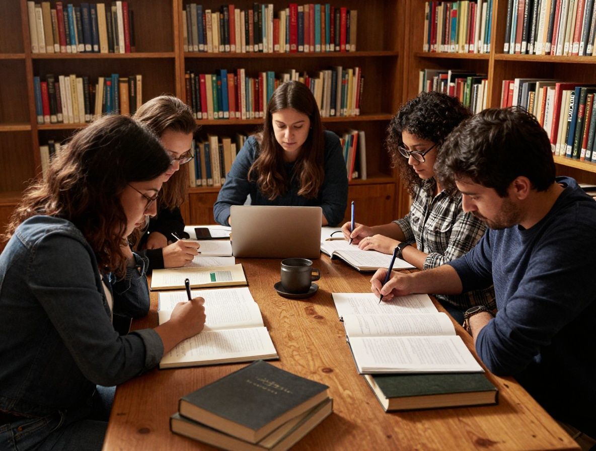 Grupo de personas trabajando alrededor de una mesa de biblioteca con documentos y libros abiertos, luz natural lateral y ambiente de trabajo intelectual concentrado