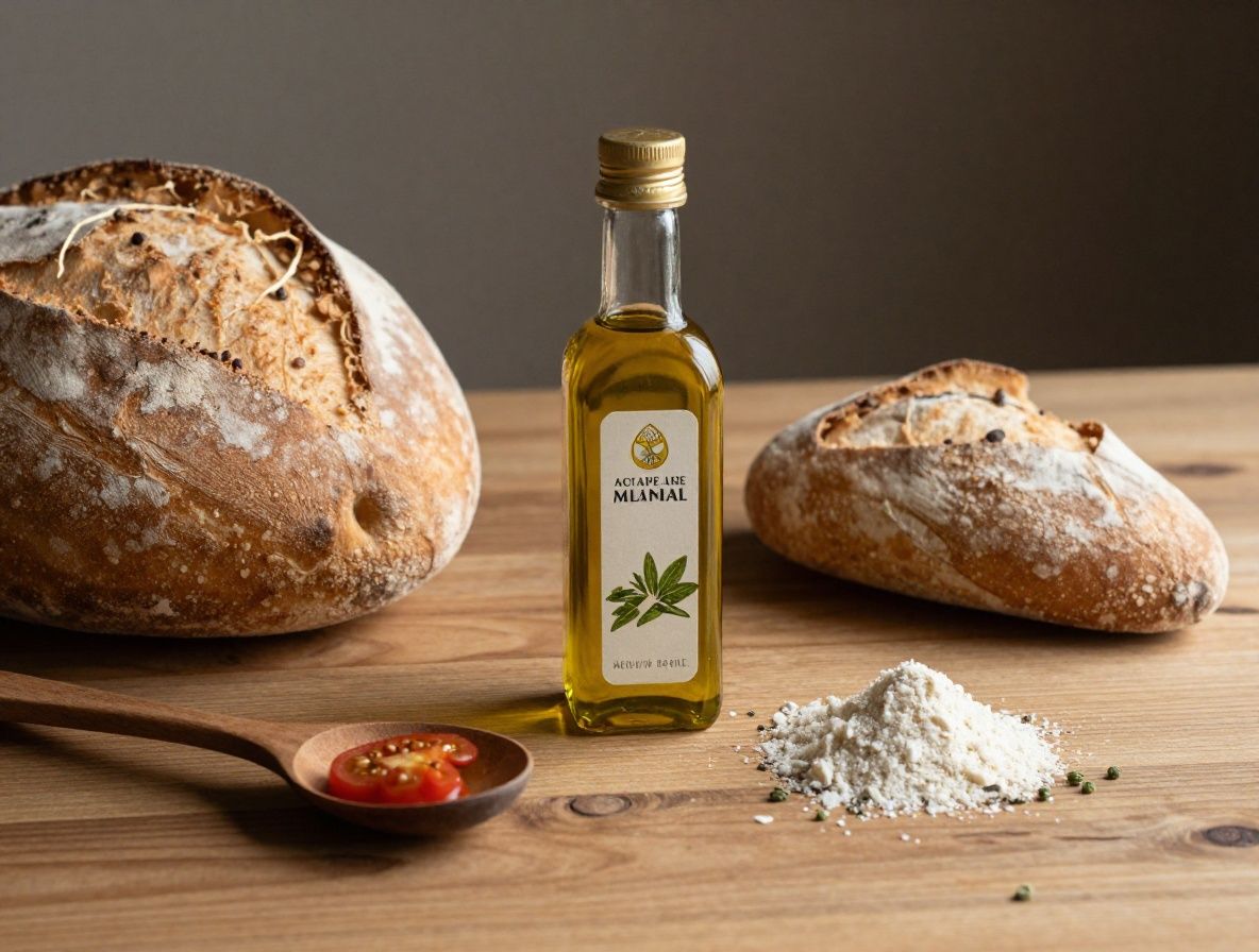 Mesa de madera con ingredientes frescos mediterráneos: aceite de oliva, tomates, hierbas aromáticas frescas y pan artesanal con textura rústica bajo luz natural lateral