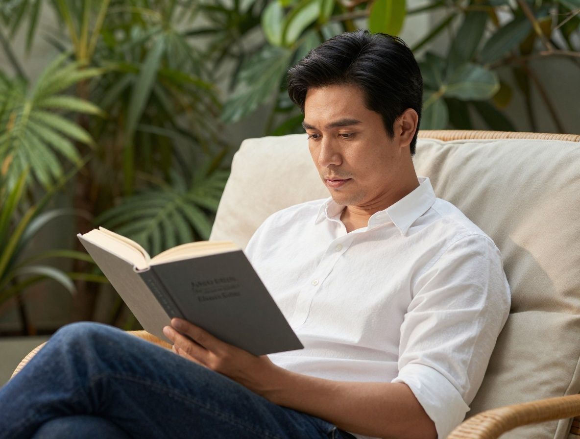 Persona leyendo tranquilamente recostada en sillón de mimbre en terraza exterior con plantas verdes y luz natural difusa de tarde nublada