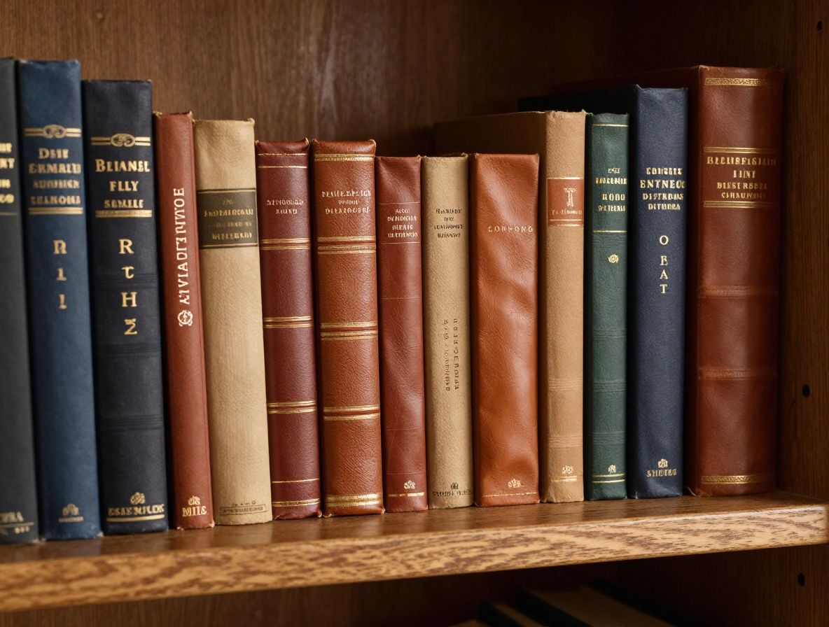 Estantería de madera oscura con libros encuadernados en cuero y luz cálida de lámpara antigua creando sombras profundas, atmósfera de biblioteca clásica