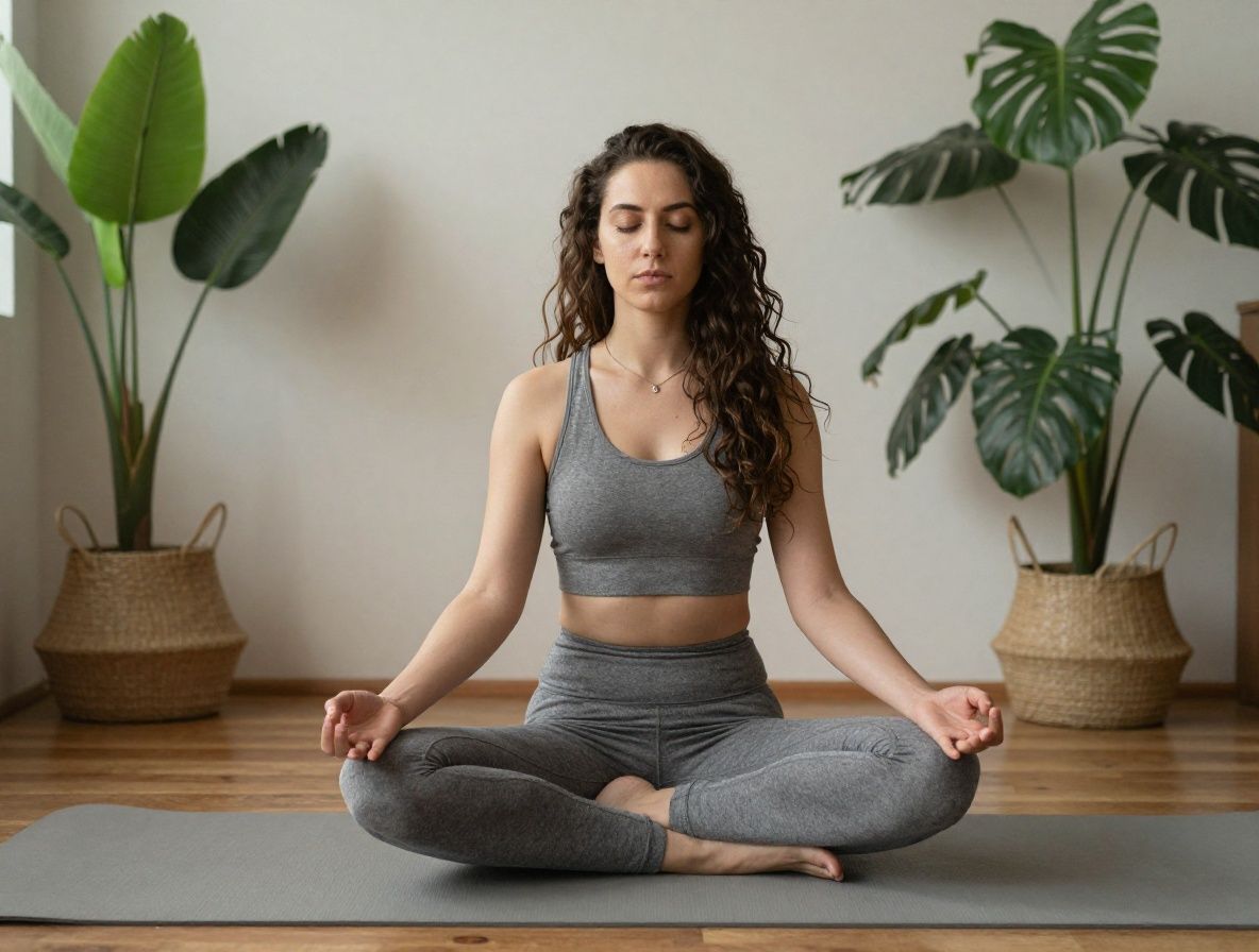 Persona sentada en postura de meditación sobre una esterilla de yoga en un estudio con luz natural suave, rodeada de plantas verdes y texturas de madera