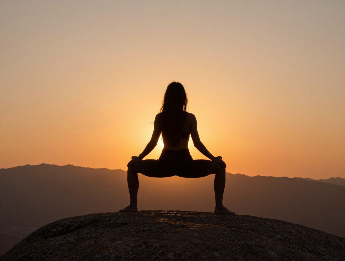 Silhoueta de persona meditando en postura de loto sobre una roca elevada al atardecer con cielo naranja y montañas en el horizonte